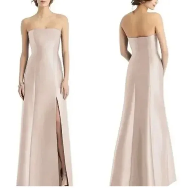 NWT Alfred Sung Strapless Satin Trumpet Gown with‎ Front Slit in Cameo - Image 2