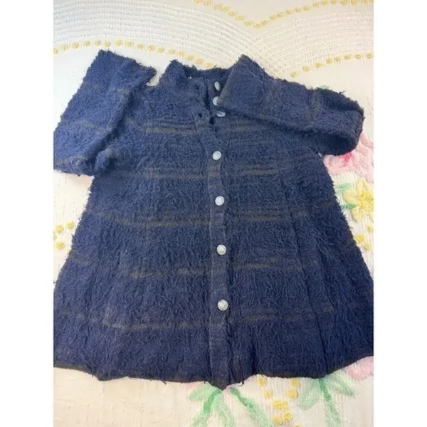 Free People Fuzzy Stripe‎ Button Front Cardigan Blue Olive Green Women's S - Image 7
