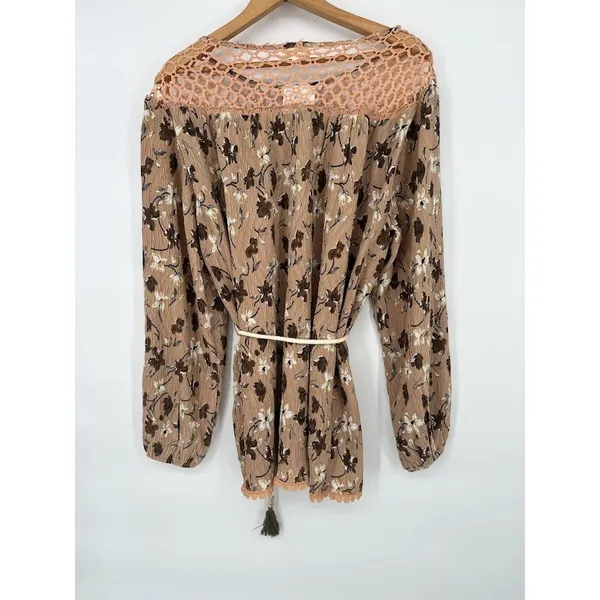 POL Floral Tunic Flowy Top Balloon Sleeves Rope Belt Large Crochet‎ Lace Boho - Image 4