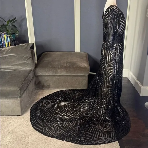 Women’s Black Sequined Full Length Prom Party Dress 3/4 Sleeve Train Size 12 - Image 9