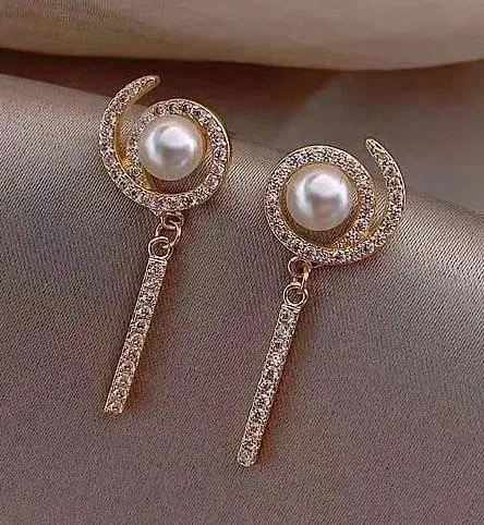 Crystal Tassel Pearl Beaded Stud Drop Earring Gold - Image 2