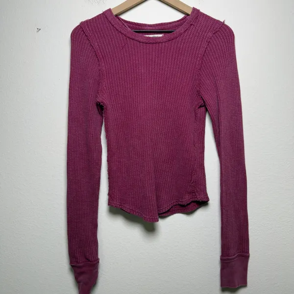 Free People Women Cotton Roll With It Thermal Small Pink Waffle Knit Soft Grunge - Image 2