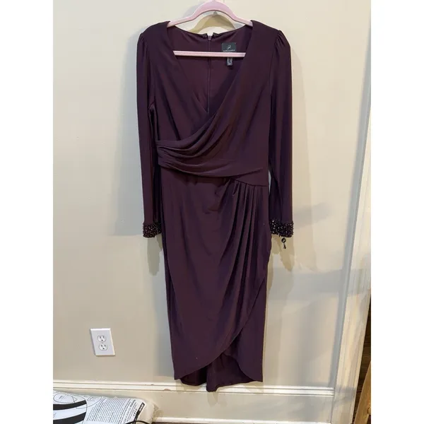Adrianna Papell Women's Eggplant Jersey Wrap Midi Dress Long-Sleeve Size 10 - Image 5