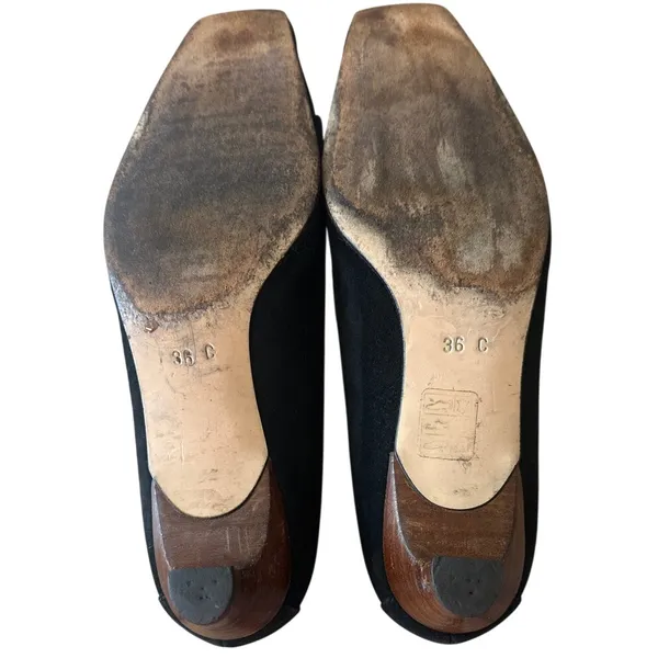 Vintage Gucci‎ Black Suede Square Toe Kitten Heels Logo 36 - Image 7