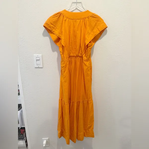 ANTHROPOLOGIE Flutter Sleeve Button Front‎ Midi Dress Orange - Image 4