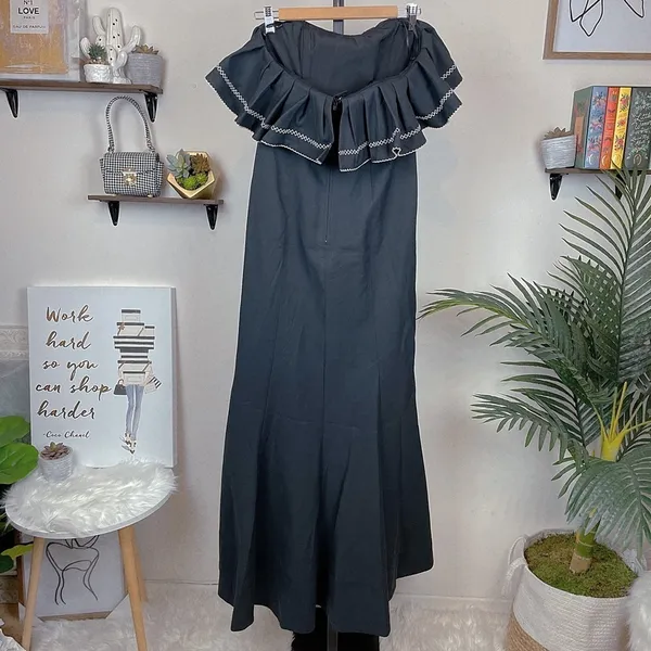 C/meo Affinity Ruffle Contrast Topstitch Maxi Gown Dress Black Size M - Image 5