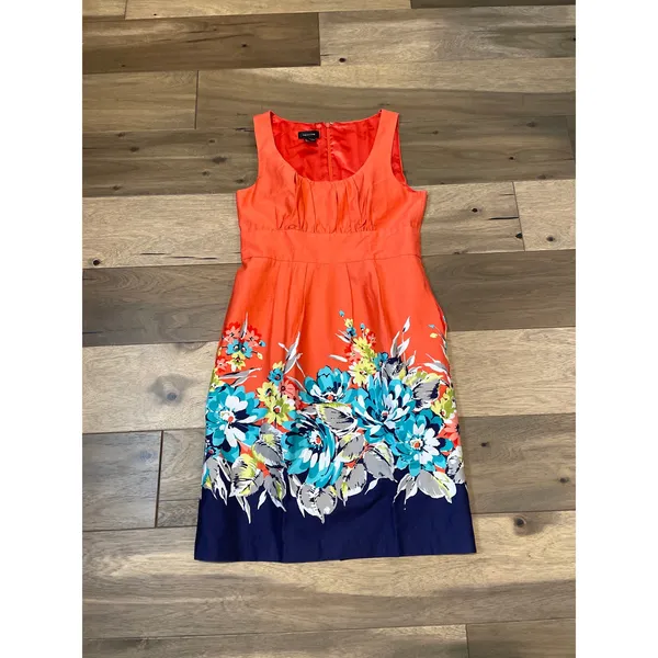 Spense Dress Size 6 Orange Cotton Blend Sleeveless Square Neck Midi Floral Hem - Image 3