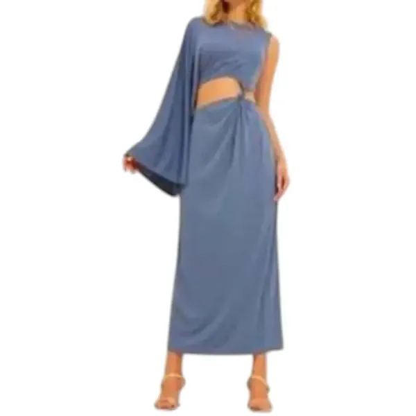 ZARA One-Shoulder Waist Cut Out Midi Dress Slate Blue NWT Size L Boho Chic - Image 9