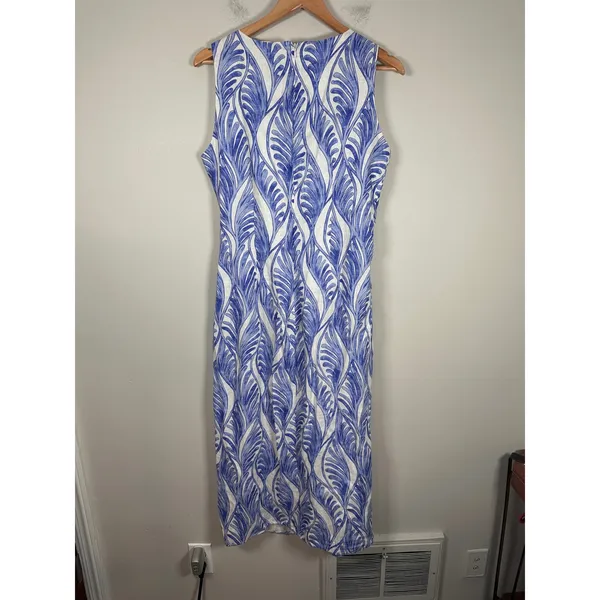 Magaschoni Linen Midi Dress Women 10 Blue White Coastal Cutout Resortwear - Image 6