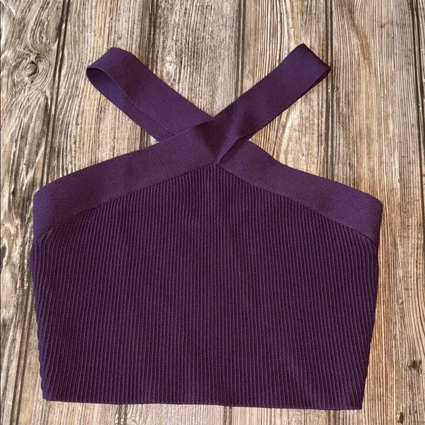 Babaton sculpt purple knit ribbed sweater crop crossover stretch medium plum - Image 2