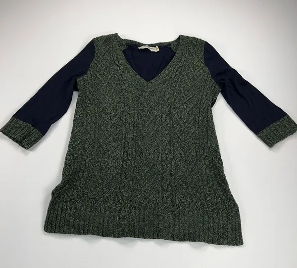 Pilcro and the Letterpress Dually Clad Wool Cable Knit Sweater Green/Navy Size L - Image 5