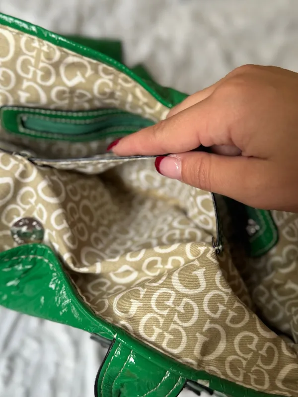 Guess Shiny Green Patent Tote with Branded Plaque - Image 8