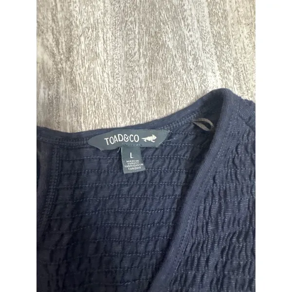 Toad&Co Womens Navy Blue Tropical Floral Smocked Wide Leg Jumpsuit Large Pockets - Image 3