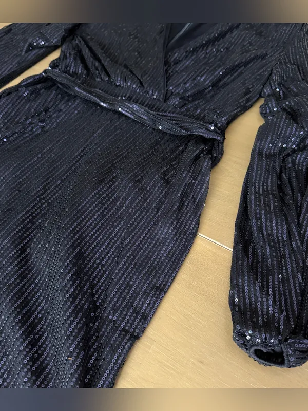 Navy Blue Sequin Wrap Dress Long Sleeve Tie Waist Cocktail Party Mini Dress - Image 4