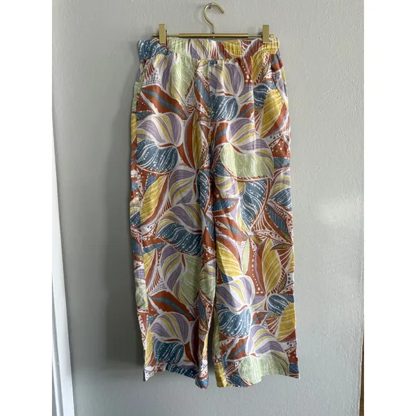 C&C California Linen Wide Leg Tropical Leaf crop Pants Multi M boho resort retro - Image 4