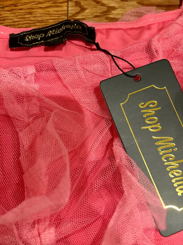 Michella vintage 1990s Barbiecore off the shoulder tulle pink/black bow dress M - Image 14