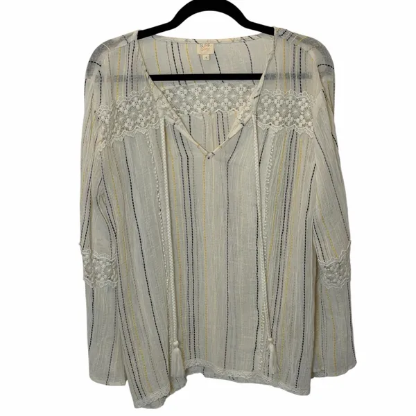 Surf Gypsy Boho Gauze Stripe Bell Sleeve Blouse Crochet Tassel V-Neck Top Small - Image 3