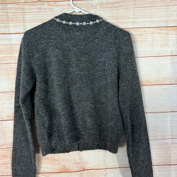Maeve Dark Gray Crewneck Cardigan with Silver Sequin Trim - Image 3
