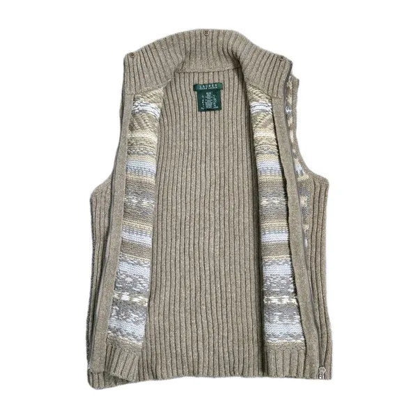 Vtg Lauren Ralph Lauren Womens Tan Fair Isle Full Zip Sweater Vest Size Medium - Image 6