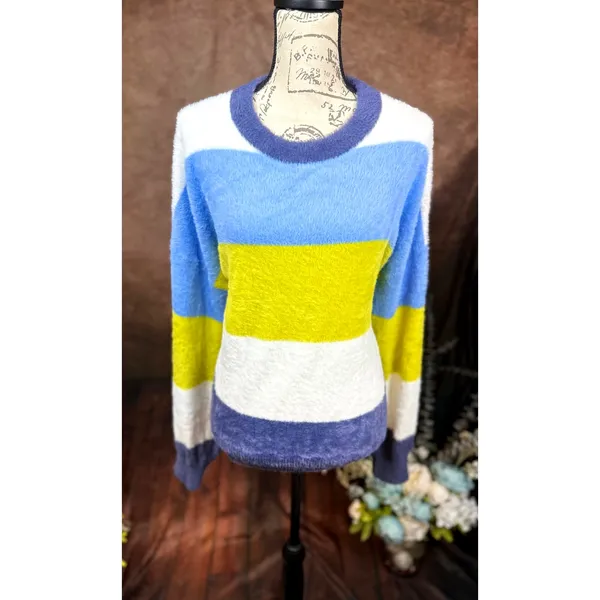Oversized Bright Fluffy Soft Knit Collar Cuffs Aerie Flurry Crew Sweater L - Image 4