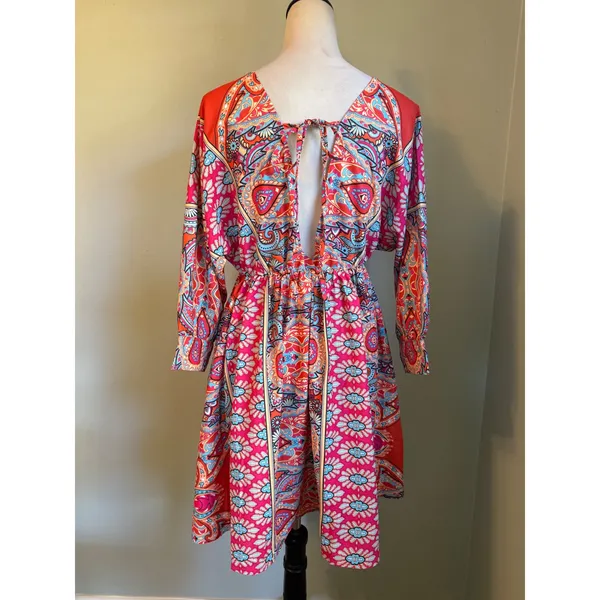 Boho Paisley V-Neck Open Back Mini Dress Red Pink Blue Long Sleeve L colorful y2 - Image 5