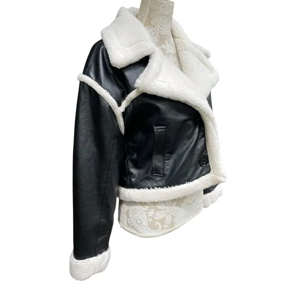 Hollister Cropped Moto Jacket S Black Vegan Leather Faux Fur Sherpa Lined Y2K - Image 3