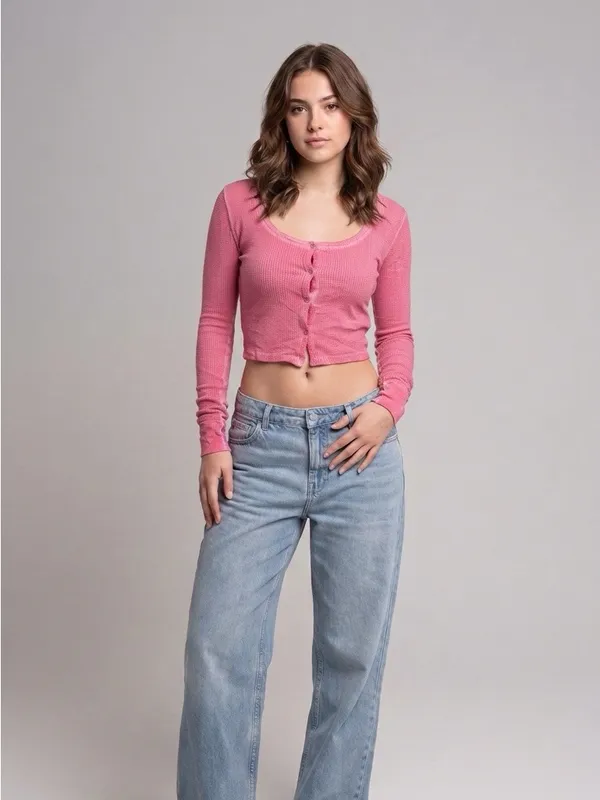 Waffle-Knit Cropped Button-Front Top in Pink - Image 2
