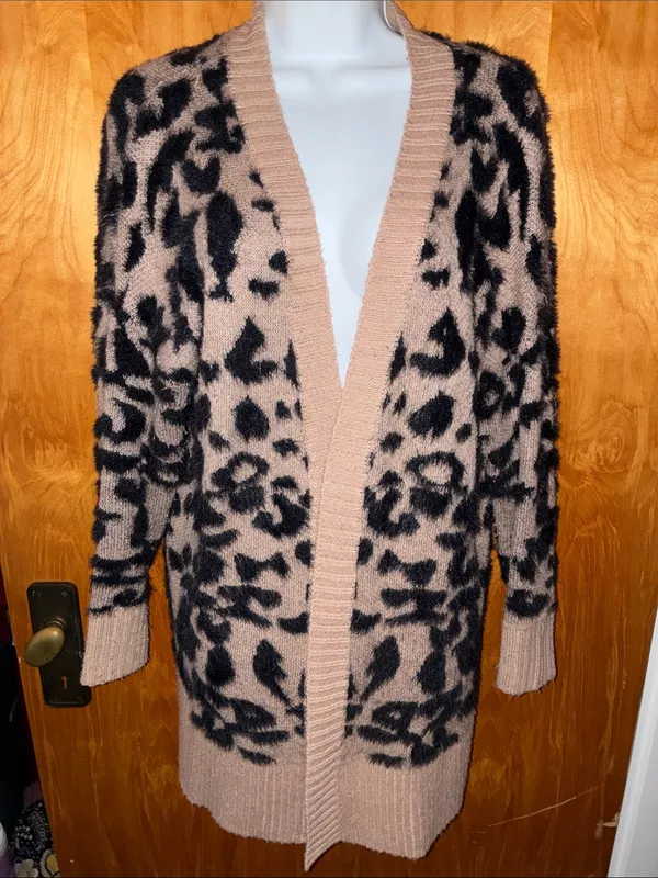 debut Tan and Black Fuzzy Leopard Print Long Open Front Cardigan - Size S - Image 7