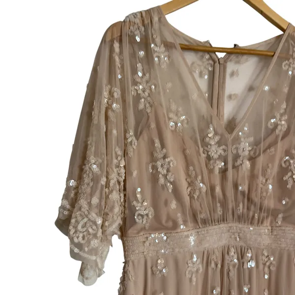 Mac Duggal Blush Pink V Neck Flounce Sleeve Embellished Mesh Gown Size 8 - Image 6
