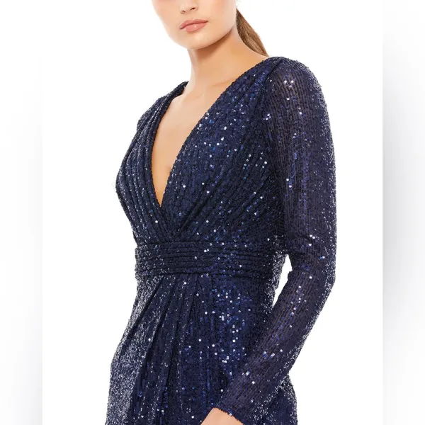 Mac Duggal Ieena Long‎ Sleeve Sequined Gown in Midnight Blue- NWT - Image 3