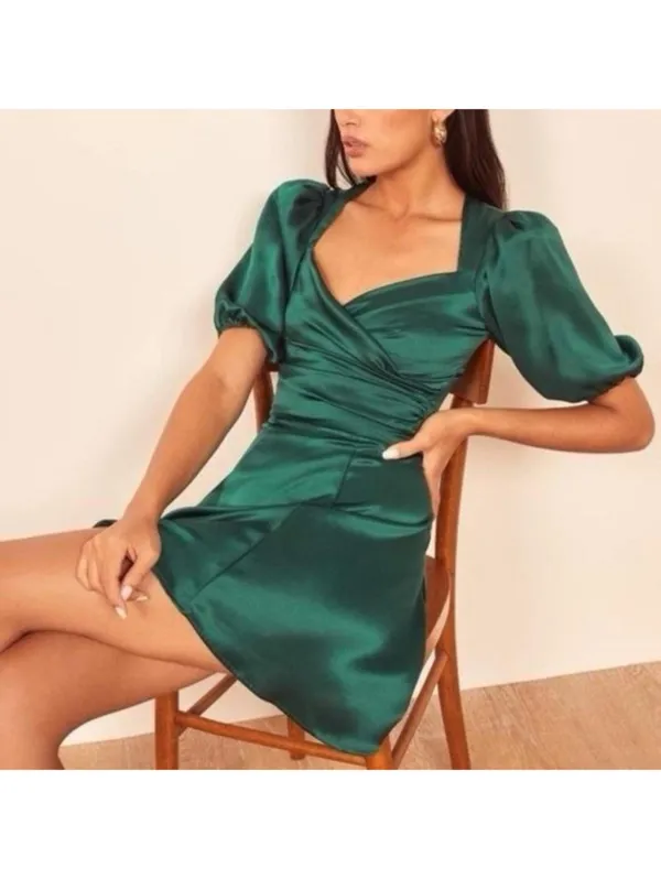 Reformation 100% Silk Emerald Green Puff Sleeve Open Back Mini Dress 10 - Image 2
