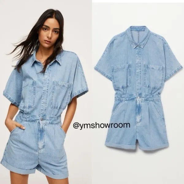 Mango denim romper playsuit light wash chambray short sleeve pockets button down - Image 2