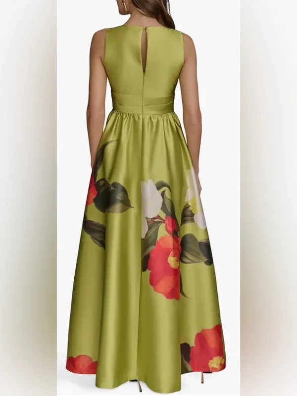 NEW DONNA KARAN NY Printed V-neck Floral Mikado smmr citro green Gown Sz 12 - Image 2