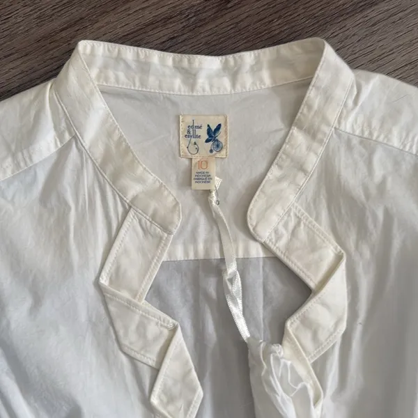 Anthro Cream Ruffled Mandarin Collar Blouse Modern button down Casual Top - Image 3