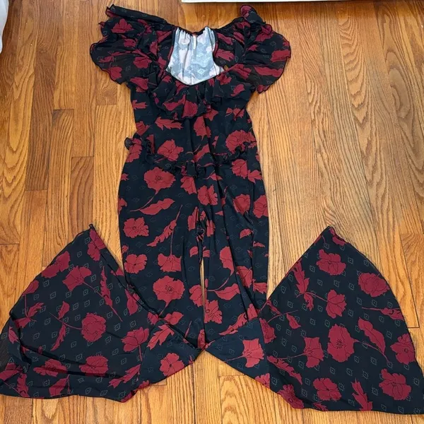 Free People Austyn One Piece Jumpsuit Red Floral Size‎ S boho flare ruffle - Image 3