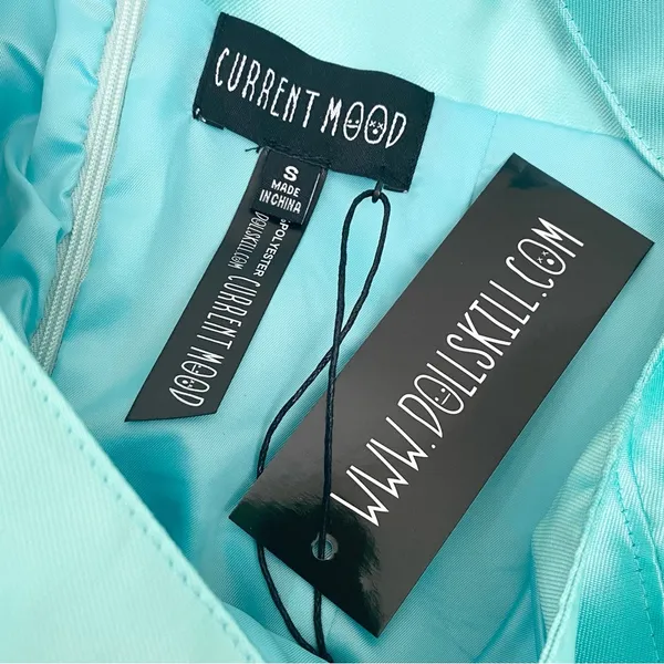 CURRENT MOOD Dolls Kill Pixie Stardust Satin Bow Straps Aqua Mini Dress Size S - Image 11