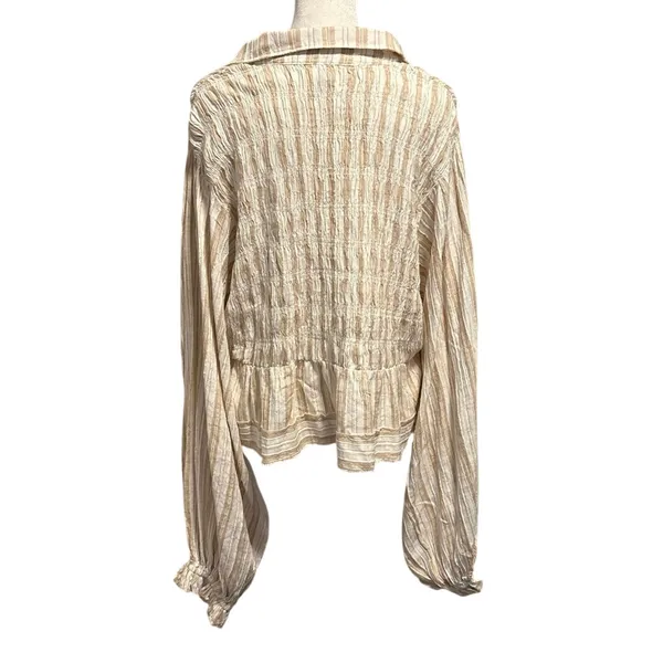 By Anthropologie Size M Balloon Sleeve Scoop Neck Collared Blouse Neutral Stripe - Image 5