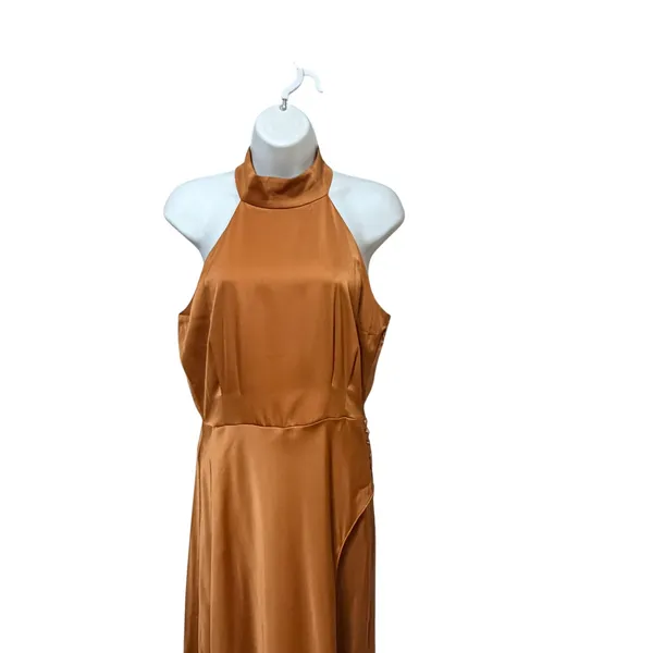 WAYF Women Copper Satin Halter Maxi Dress High Slit Button Detail Size‎ S - Image 3