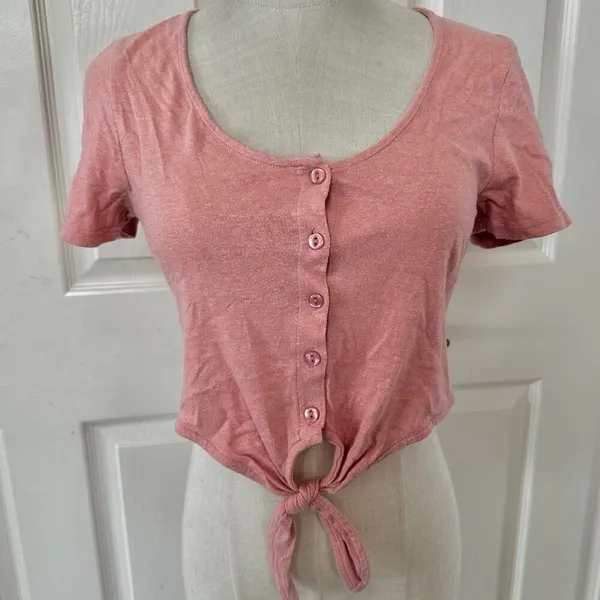 Cooperative pink short sleeved cropped tie front top - Image 3