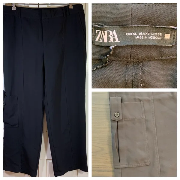 ZARA‎ Women Cargo Pants Black XL Wide Leg Utility Pocket High Waisted - Image 15