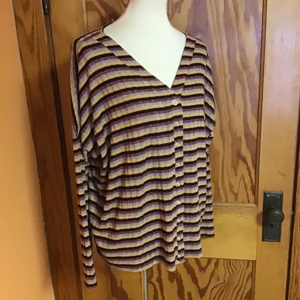 BKE Buckle Striped Button Front Top Womens Small Boho Ribbed Long Sleeve Shirt - Image 7
