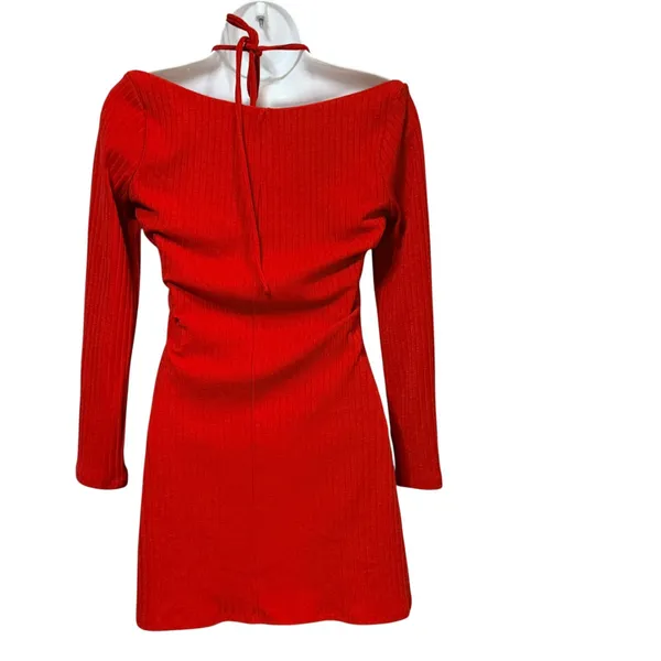 H:ours Red Ribbed Halter Cold Shoulder Long Sleeve Bodycon Mini Dress Small - Image 3