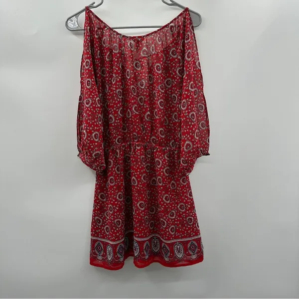 Forever 21 Red‎ & White Paisley Print Cold Shoulder 3/4 Sleeve Mini Dress Sz S - Image 2