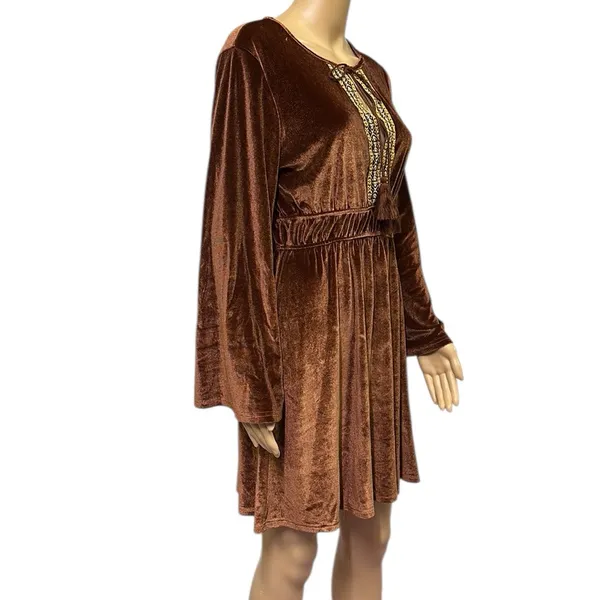 Luukse Brown Boho Velour Embroidered Tie Neck Tassel Mini Midi Dress Medium - Image 4