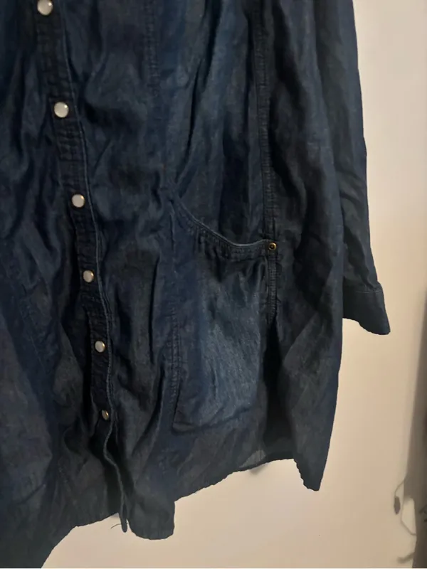 Ellos Plus Size Blue Denim Chambray Button-Front Roll Tab 3/4 Sleeve Tunic Shirt - Image 6
