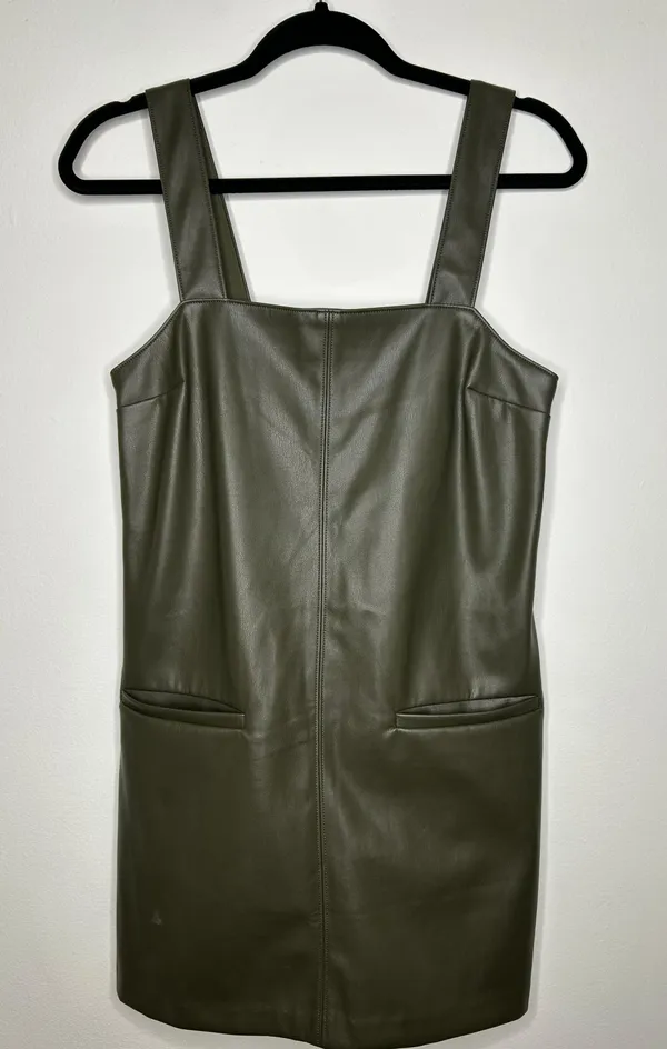 Green Faux Leather Front Pocket Mini Shift Dress Layering - Image 3