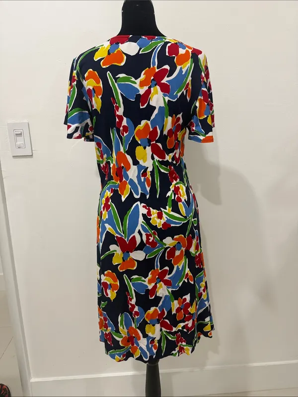 Ralph Lauren Floral Wrap-Style Navy Dress with Fluted Sleeves - Image 2