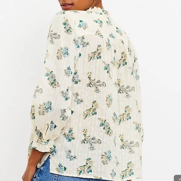 LOFT Floral Bouquet Ruffle Neck Button‎ Front Cotton Blouse Large Peasant Boho - Image 6