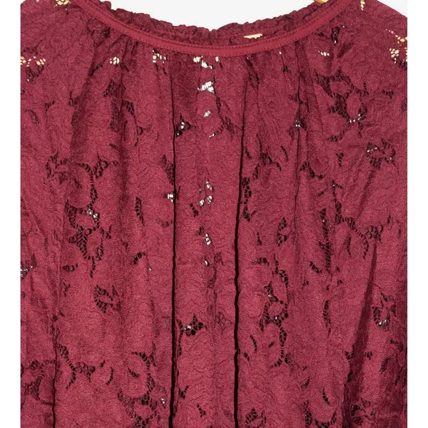 Free People Lace Blouse Womens Medium Burgundy Excellent Smocked Ruffle Keyhole - Image 3
