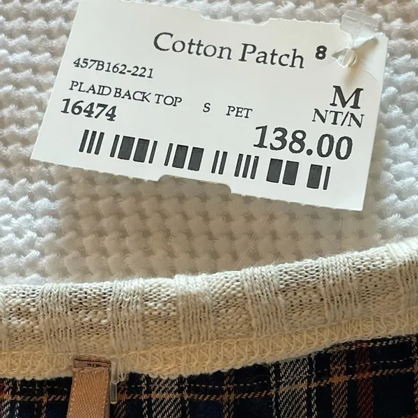 Pete Cream Front Plaid‎ Back Slub Cotton Top M - Image 7